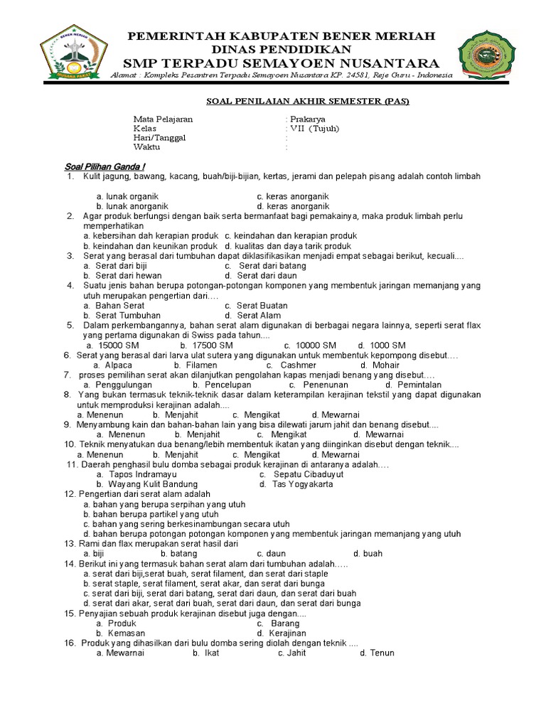 10 Contoh Soal Essay Prakarya Kelas 7 Semester 1 Terbaru yang Sering Keluar Saat Ujian