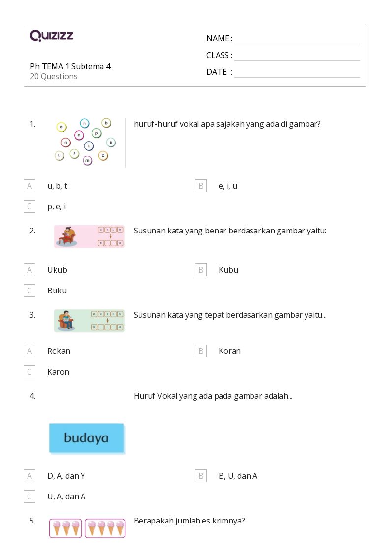 50 lembar kerja Vokal Pendek untuk Kelas 1 di Quizizz Gratis Dapat