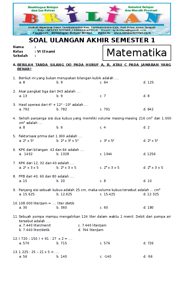 7 Rahasia Lolos Ujian dengan Soal Matematika Kelas 6 Semester 1 Kurikulum 2013 PDF Terbaru 7 Rahasia Lolos Ujian dengan Soal Matematika Kelas 6 Semester 1 Kurikulum 2013 PDF Terbaru