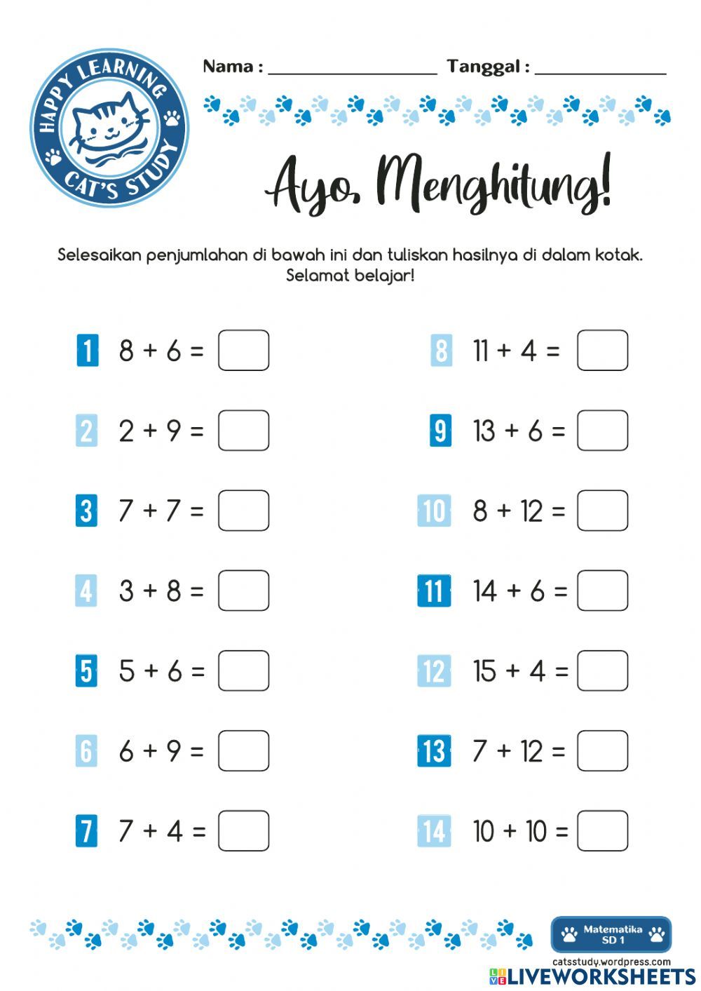 Penjumlahan 1-20 worksheet Matematik Terapi