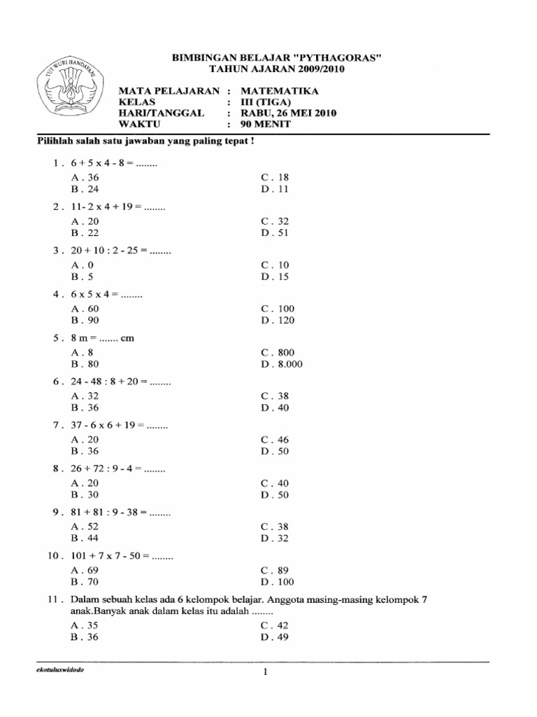 7 Rahasia Nilai Sempurna Menggunakan Soal Matematika Kelas 3 SD Semester 1 Kurikulum 2013 PDF