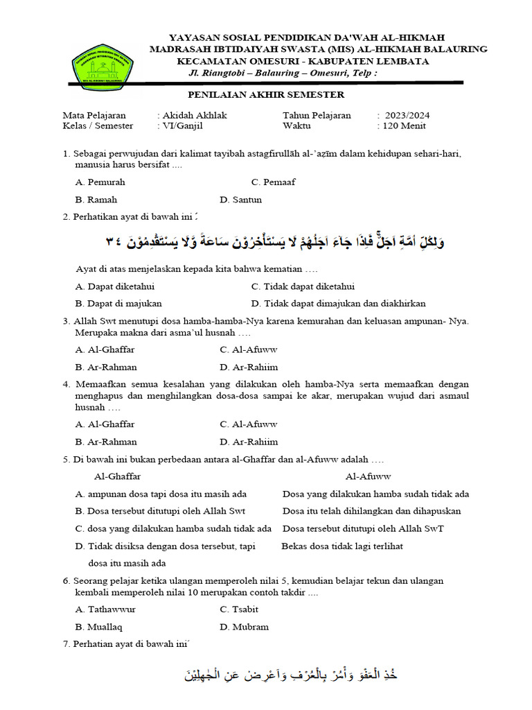 Bocoran 15 Soal Akidah Akhlak Kelas 12 Semester 1 yang Sering Keluar di Ujian Akhir 2026 Bocoran 15 Soal Akidah Akhlak Kelas 12 Semester 1 yang Sering Keluar di Ujian Akhir 2026