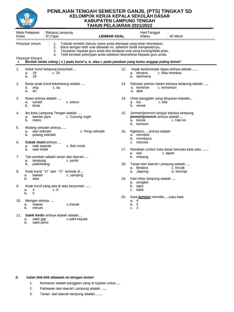 soal bahasa lampung kelas 3 semester 1 dan kunci jawaban soal bahasa lampung kelas 3 semester 1 dan kunci jawaban