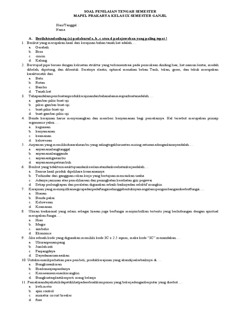 9 - Soal PTS PRAKARYA Kelas 9 Semester 1 PDF Metode Bahan Ajar