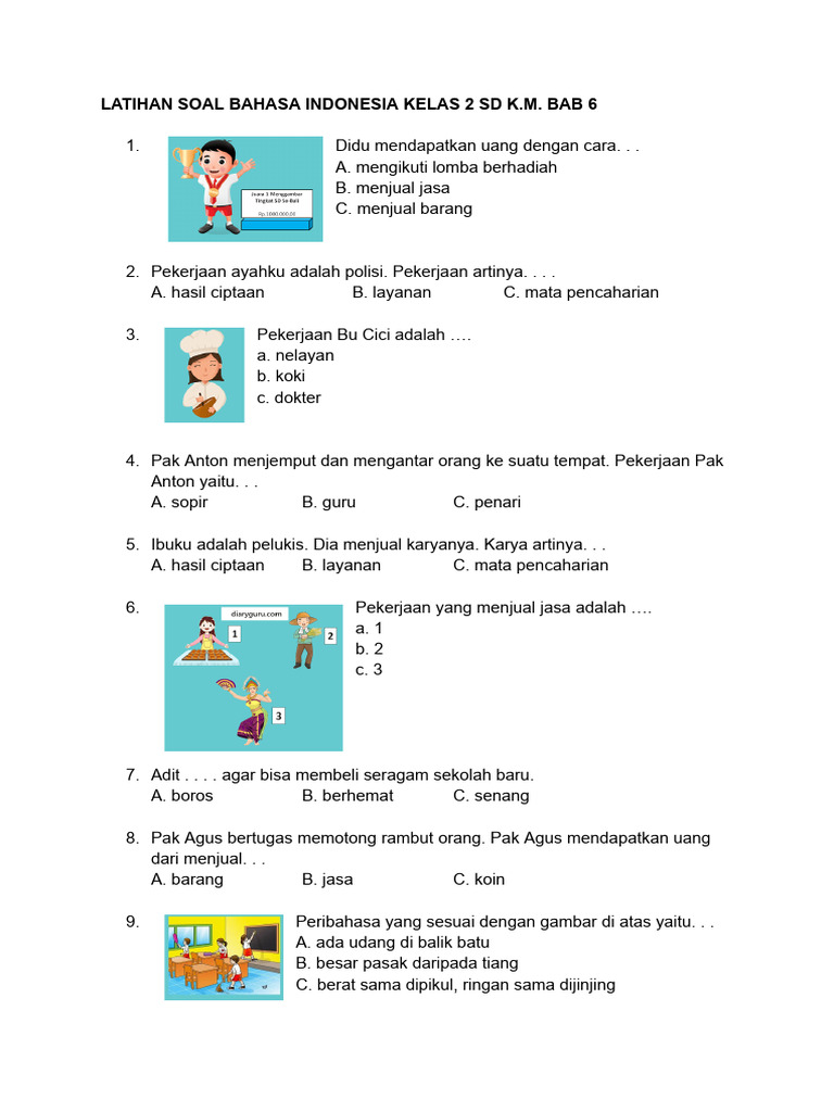 7 Lembar Kerja Soal Ulangan Harian Bahasa Indonesia Kelas 2 SD Semester 2 Siap Cetak