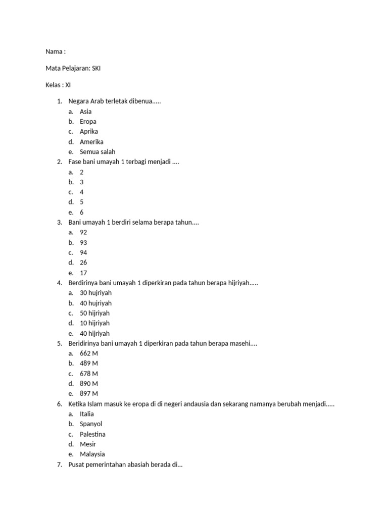 Soal SKI Kelas XI Sejarah Islam PDF Soal SKI Kelas XI Sejarah Islam PDF