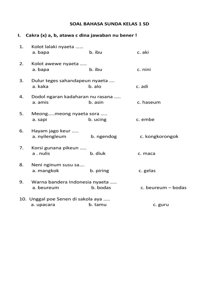 5 Contoh Soal Ulangan Bahasa Sunda Kelas 1 Semester 2 Siap Cetak, Wajib Dicoba!