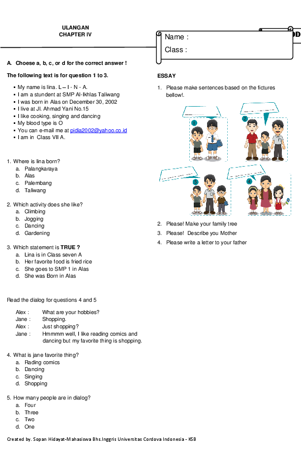 Contoh Soal UAS Bahasa Inggris SMP Kelas 7 Chapter IV Soal kelas 2 Contoh Soal UAS Bahasa Inggris SMP Kelas 7 Chapter IV Soal kelas 2