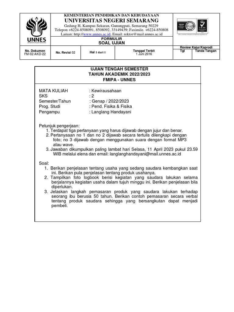 Soal Ujian Mid Semester Kwu PDF Teknologi Rekayasa Soal Ujian Mid Semester Kwu PDF Teknologi Rekayasa