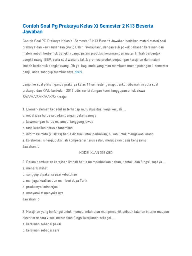 Terbukti! contoh soal essay prakarya kelas 11 semester 2 dan jawabannya bikin nilai melesat Terbukti! contoh soal essay prakarya kelas 11 semester 2 dan jawabannya bikin nilai melesat