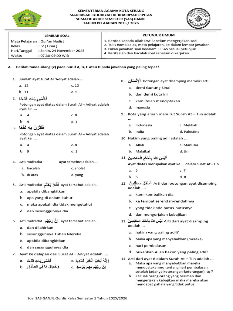 Soal SAS Qurdis Kelas 5 Semester 1 PDF Soal SAS Qurdis Kelas 5 Semester 1 PDF