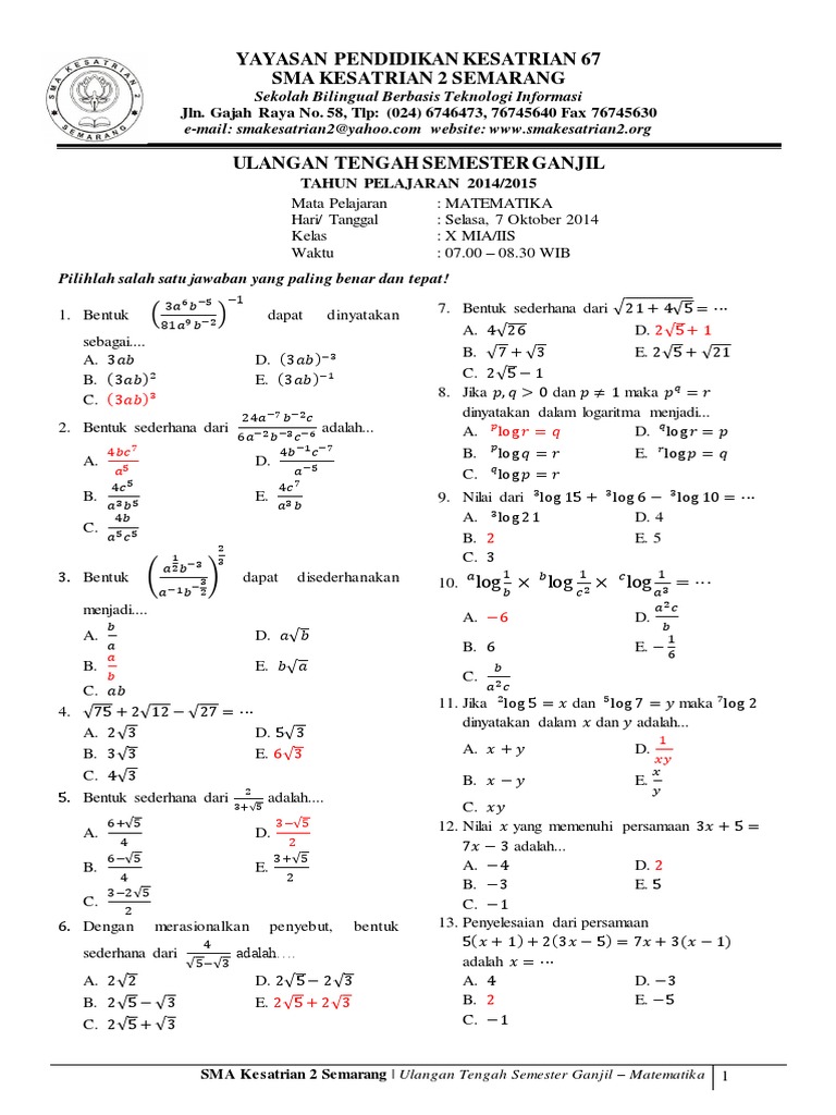 contoh soal matematika kelas 11 ipa semester 1