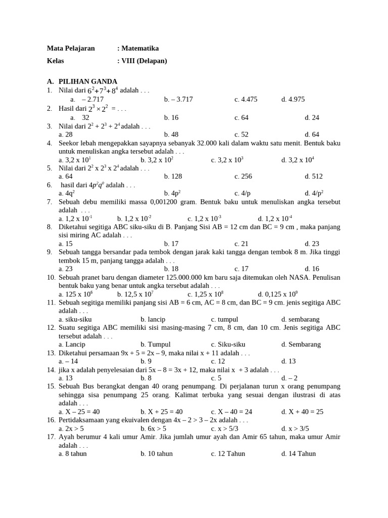 contoh soal matematika kelas 2 smp semester 1 contoh soal matematika kelas 2 smp semester 1