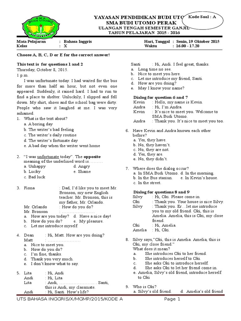 Wajib Tahu! Kumpulan latihan soal uas bahasa inggris kelas 10 semester 1 pdf Terupdate